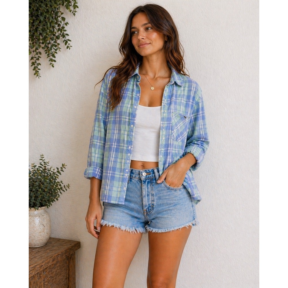 Vineyard Vines Womens Relaxed Fit Plaid Button Down Shirt Blue Mint Green Size 0